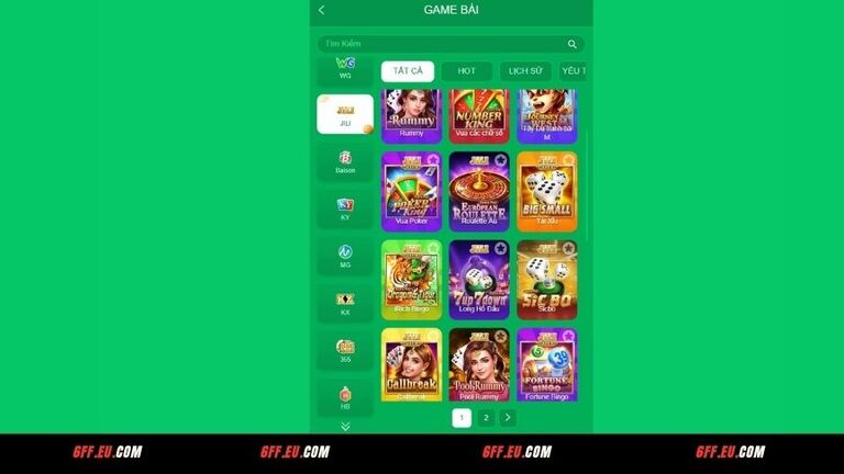 Các sảnh cược game bài có tại 6FF