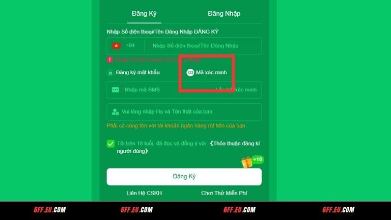 Cách đăng ký tài khoản 6FF bằng mã xác minh
