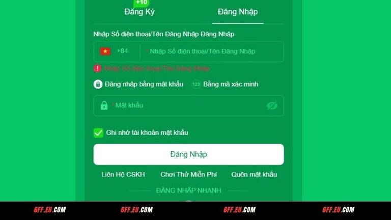 Đăng nhập 6FF bằng mật khẩu