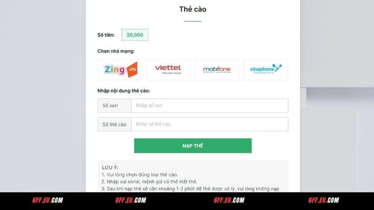 Nạp tiền 6FF bị lỗi bạn cần kiểm tra lại thông tin và liên hệ CSKH