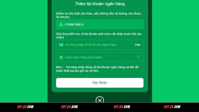 Xác nhận mật khẩu rút tiền và thêm tài khoản ngân hàng